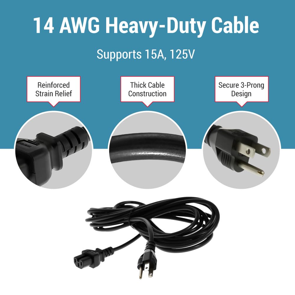 CablesAndKits - Cable de alimentación AC 3 pines 3 m - 15A 125V - 5-15P a C15 - Cable de extensión resistente 14AWG - Ideal para el hogar, la oficina y los dispositivos electrónicos