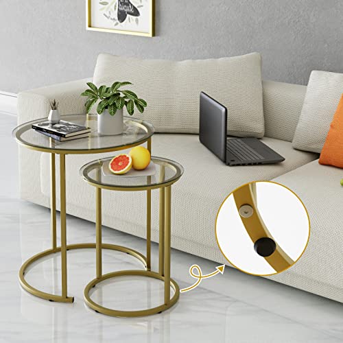 Azheruol Nesting Coffee Table Set Of 2,Modern Gold Tempered Glass Side Table, Metal Frame Round End Table.small Glass Tea Table For Living Room,Bedroom Studio Apartment Essentials，23.2In #TOP7