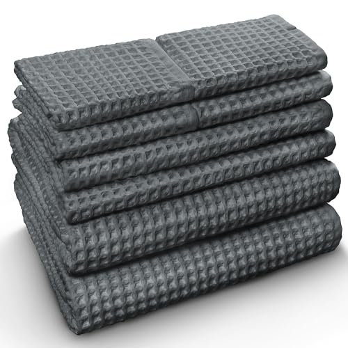Softerry European Waffle Weave Bath Towel Set of 8-100% Organic Cotton - Quick Dry Lint Free Thin and Absorbent - Fade Resistant - Eco-Friendly (Space Gray)