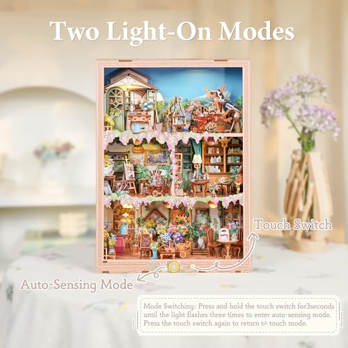 Image of Tonecheer DIY Miniature House Kit, Book Nook Dollhouse Story Frame Kit Wooden 3D Puzzle, Wall Mountable Decor Diorama Model with Dust Cover and LED for Ideal Gift - Blossom Time