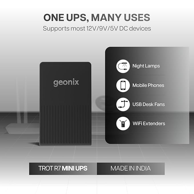 Image of Geonix Trot R7 Mini UPS | 4-10 Hours Backup | Dual 2000mAh Battery | DC & USB Output | Power Backup for WiFi Router, CCTV, Modem & Cordless Phone (Black)