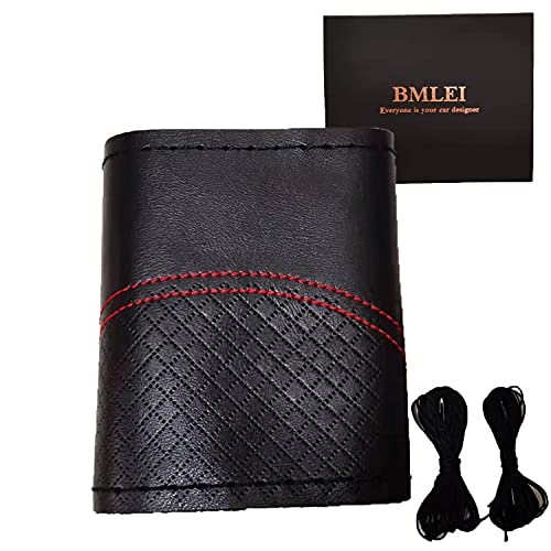 BMLEI Leather Car Steering Wheel Cover Lace Up, Stitch On Wrap，Cross Diamond Stitching-Two Tone Sport Grip (red)