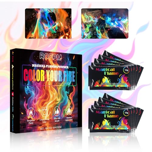 ROFPM Fire Colour Changing Powder Magical Flames Colorful Flame Coloured Fire Flames Mystical Colour Changing Powder Mystical Colorful Flame Changer for Bonfires Parties Fireplaces (10x15g)