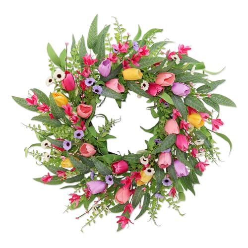 Spring Summer Wreaths for Front Door 22 Inch Artificial Tulip Wreath with Wildflowers Eucalyptus Leaves for Indoor Outdoor Wall Porch Festival Farmhouse Home Holiday Decor.