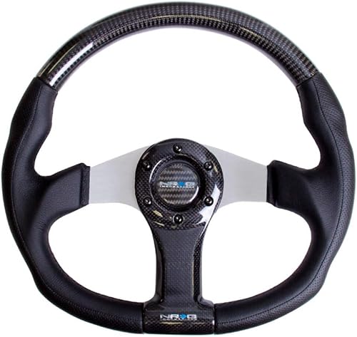 NRG Innovations NRG-ST-013CFBK Volante de fibra de carbono 13.780 in, forma ovalada negra con ribete de cuero