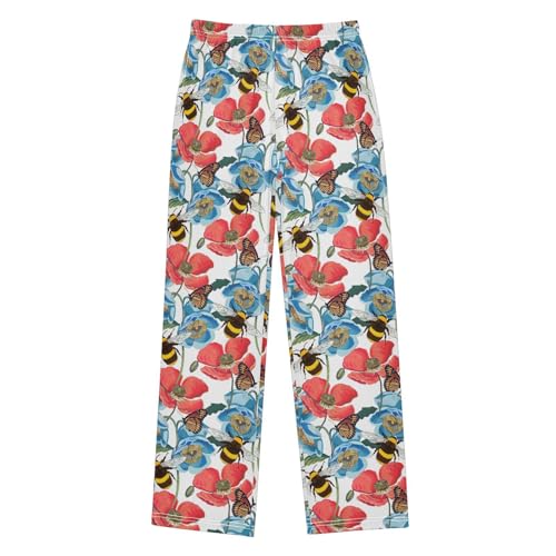Bee Butterfly Flower Boys Long Pants Soft Trousers Elastic Waist Kids Lounge Bottoms with Pockets S-XL