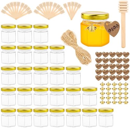 20 Stück Sechseckige Mini-Honiggläser 45 Ml – Mit Löffel, Bienenanhänger & Geschenktüten