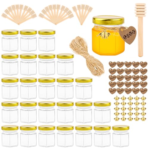 VFANDV Mini Pots à Miel en Verre, 25 Pots à Miel en Verre Hexagonaux avec Couvercle, 45ml Pot Miel avec Cuillère en Bois, Pendentif Abeille, Carte de Remerciement