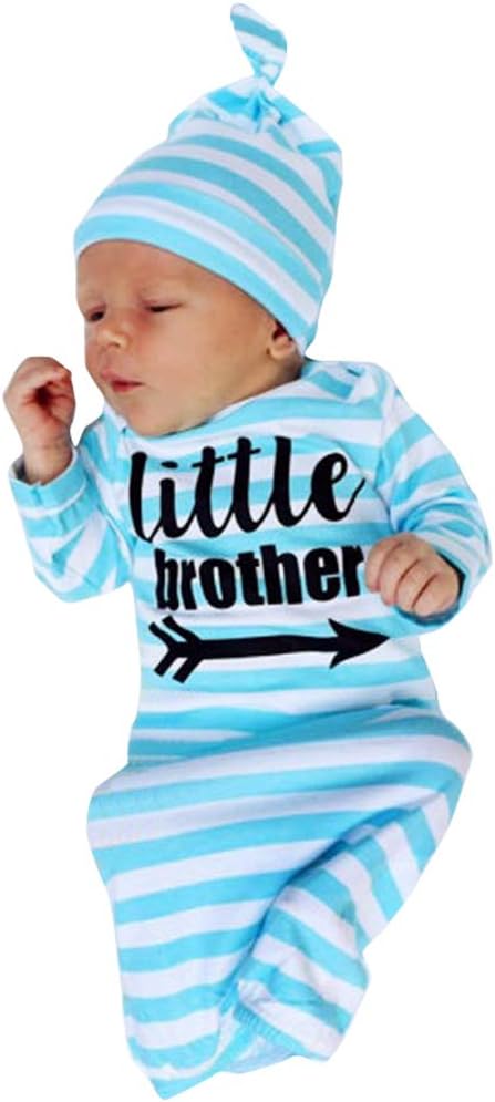 Newborn Baby Sleeper Gowns & Headband Little Sister Brother Printed Striped Baby Sleeping Bag (blue)