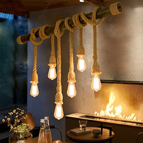 JJXD E27 Luces Colgantes Retro Mesa Comedor Iluminación Colgante Metal Cuerda Cáñamo Bricolaje Luz Altura Ajustable Araña Restaurante Sala Cocina Lámpara De Techo Rústica Comedor Droplight Cover