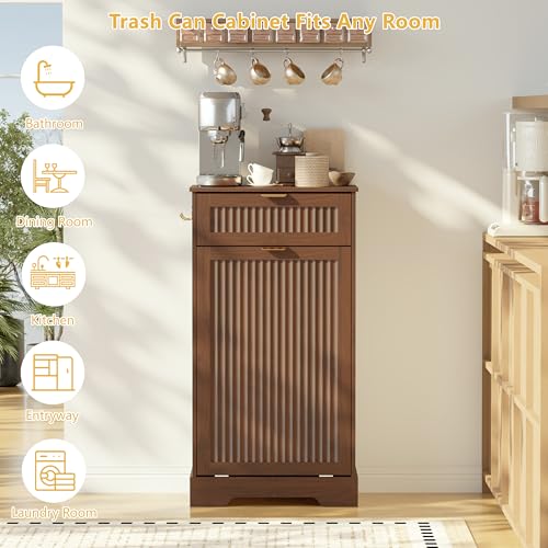 Image of Single 13 Gallon Tilt Out Trash Can Cabinet,Garbage Cabinet with Drawer | Hidden Garbage Storage with Fluted Design, Drawer & Hooks for Kitchen, Dining Room and Small Space Organization,Walnut
