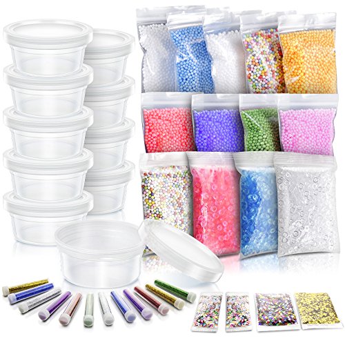 Slime Making Materials kit, Teenitor 10 pcs Slime Storage Containers and12 pcs Glitter Jars, 10 Pack Foam Beads, 3 pcs Fishibowl Beads, 2 Pack Confetti& 2 Pack Fruits Pieces for Art DIY Slime