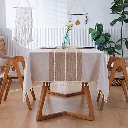 ARSUN Waterproof Farmhouse Burlap Tablecloth with Tassel, Cotton Linen Rustic Embroidery Table Cloths for 6 Foot Tables Tablecloths Wrinkle Free Washable for Indoor and Outdoor Parties Party