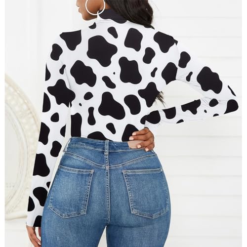 American Trends Long Sleeve Bodysuit for Women Cow Print Body Suit Black White Turtleneck Western Bodysuits Leotard Cow Print M