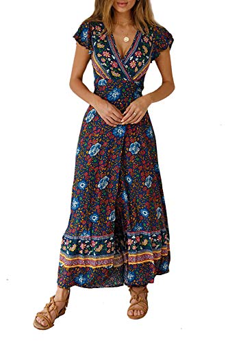 Asskdan Femme Maxi Robe Imprimé Floral Bohème Robe De Plage Sexy Robe Portefeuille Bleu Marine M