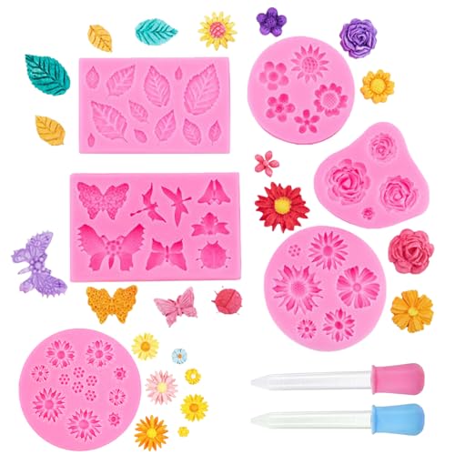 CARISED 6 Piezas Molde de Silicona para Fondant Mini Moldes de Silicona Reposteria Flores 3d Con 2 Goteros Moldes Reposteria para Manualidades Porcelana Fria Pasteles Jabón