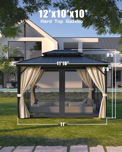 Hardtop Gazebo 10'x12' for All Weather, with Waterproof Double Metal Roof, Aluminum Alloy Frame, Net, and Curtain, Permanent Building for Patio, Deck, Backyard, Lawn, and Garden, Khaki