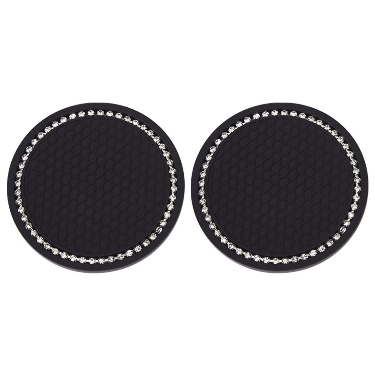 AMERTEER Car Cup Holder Coasters, 2 Pack Universal Non-Slip Silicone Cup Holder Inserts with Rhinestone Bling | Car Cup Holder Liners | Sparkly Car Interior Accessories for Women (Black)