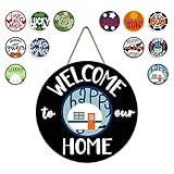 Interchangeable Seasonal Welcome Sign Front Door Decoration, Round Wood Wreaths Wall Hanging Outdoor