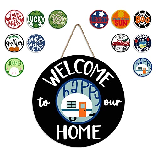 Interchangeable Seasonal Welcome Sign Front Door Decoration, Round Wood Wreaths Wall Hanging Outdoor, Welcome Hanging Sign Wreaths Signs For Christmas Halloween All Seasons Birthday (Black) #TOP14
