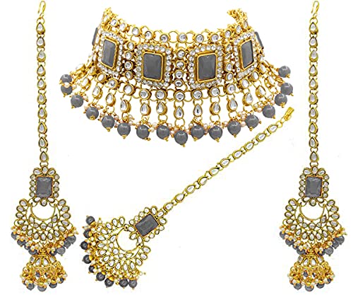 SAIYONI Womens Jewellery Set Wedding Collection Half Bridal Beautiful Look Gold Plated Alloy Kundan Choker Necklace Pair of Earrings Maangtikka - Grey (B09WDR6QXC) Amazon Price History, Amazon Price Tracker