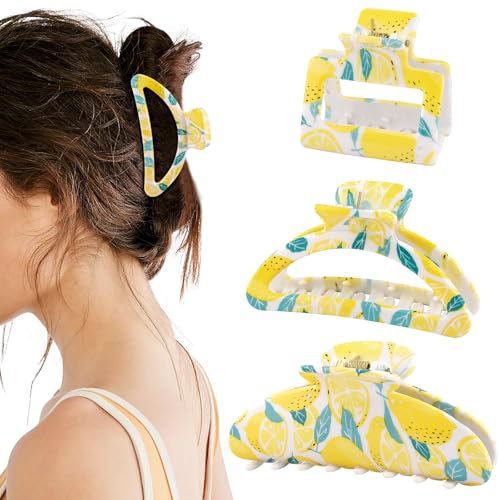 3pcs Square Lemon Print Hair Clips, Hapdoo Yellow Fruit Hair Clips Lemon Hair Accessories, Fun Hair Decorative Claw Clip for Women Girls