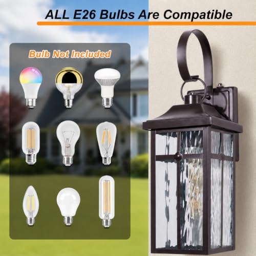Image of 2 Pack Dusk to Dawn Outdoor Wall Lights, 19 inch Brown | Exterior Wall Mount Light Fixtures with Water Ripple Glass, Waterproof Outside Wall Sconces for Garage Patio Entryway