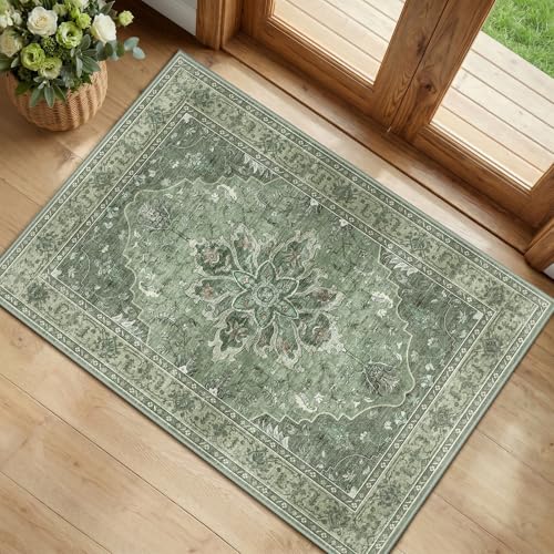 RELEANY Washable Area Rug, Small 2'x4', Green/Dark Green/Gray