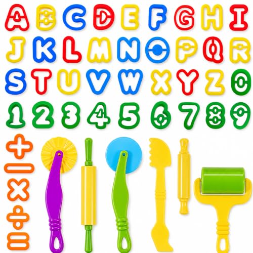 Oun Nana Dough Tools 47 PCS Dough Play Tools Set for Kids, Plastic Alphabet Numbers Cutters, Rollers, Rolling Pins