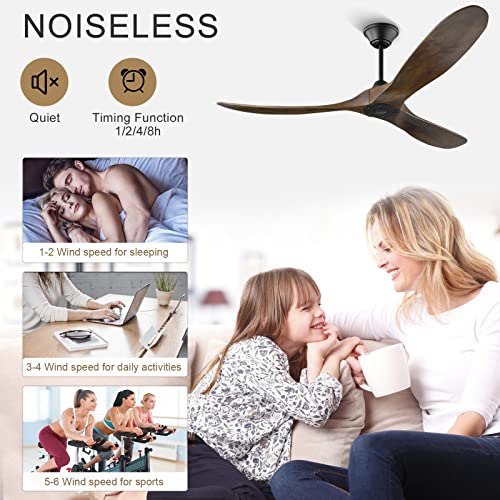 60'' Ceiling Fan No Light, Outdoor Ceiling Fans For Patios, Wood Ceiling Fan With Remote Control, 3 Blade Propeller Ceiling Fan, 6 Speed Noiseless Reversible Dc Motor, Indoor Outdoor Ceiling Fan #TOP6