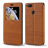 Shantime Sichtfenster-Lederhülle Kompatibel mit ZTE Nubia Z17 Mini, Elegantes Design mit Klarsichtanzeige, Unsichtbarem Magnetverschluss & Kartenfach(Braun)