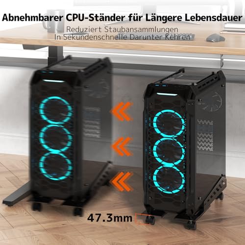 PUTORSEN PC Ständer mit Rollen, PC Tower Ständer, Mobiler CPU Stand, Universal PC Halterung mit Einstellbare Breite und Länge - Schwarz