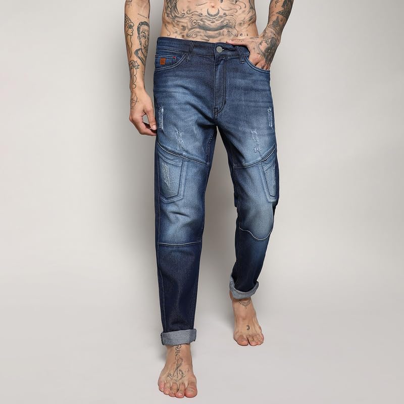 Image of Campus Sutra Men's Blue Self-Design Patched Denim Jeans for Casual Wear | Dark-Wash | Regular Fit | Button Closure | Cotton Mid Rise Denim Jeans Crafted with Comfort Fit for Everyday Wear, 28