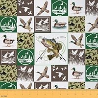 Loussiesd Fishing and Hunting Fabric by The Yard, 1 Yard (L92*W150cm) Kids Mallard Duck Pike Fish Upholstery Fabric for Chairs, Boys Girls Plaid Patchwork,Waterproof Decor Wild Animals