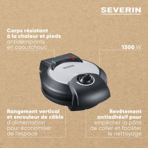 SEVERIN Gaufrier 1 Appareil à gaufres au revêtement antiadhésif pour gaufres norvégiennes moelleuses et croustillantes Machine à gaufres cœur au design compact inox WA 2103 - vue 4