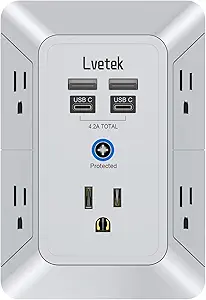 Multi Plug Outlet Surge Protector, Lvetek Outlet Extender with 5 Outlet and 4 USB Ports(2 USB C), 3-Sided Multiple-Plug Outlet Splitter Wall Charger for Home Travel Office,ETL Listed,Grey