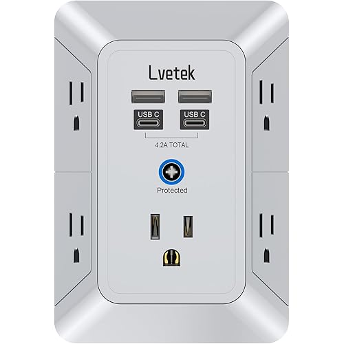 Multi Plug Outlet Surge Protector, Lvetek Outlet Extender with 5 Outlet and 4 USB Ports(2 USB C), 3-Sided Multiple-Plug Outlet Splitter Wall Charger for Home Travel Office,ETL Listed,Grey