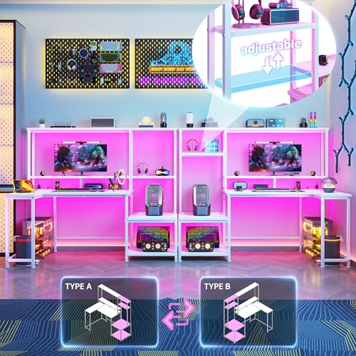 Image of DurayLoly White Computer Desk with Hutch, Small Teen Desk with Power Outlets and RGB Light to Protect Eyes, Reversible Workstation with Printer Space & Monitor Stand for Home Office Space