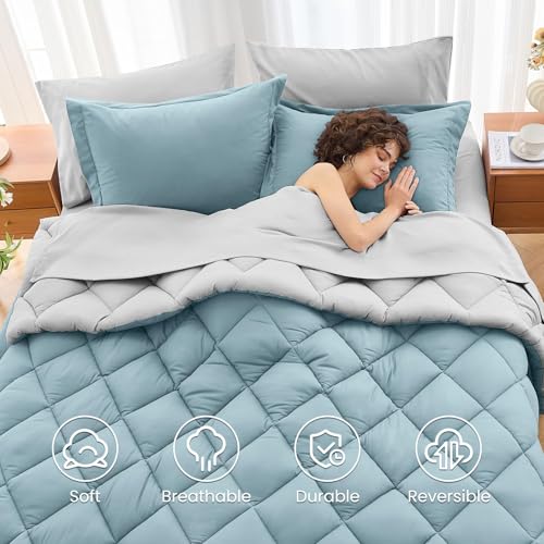MUXHOMO 5 Pieces Twin XL Comforter Set, Reversible Bed in a Bag Twin XL Size, All Season Bedding Set with Comforter, Flat Sheet, Fitted Sheet, Pillowcases & Shams, Greyish Blue & Light Grey by MUXHOMO - Used condition - Image 6