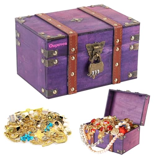 Oupuven Vintage Treasure Chest, coffre en bois, 21,7 x 15 x 13 cm, coffre au trésor, boîte de rangement en bois pour le stockage et