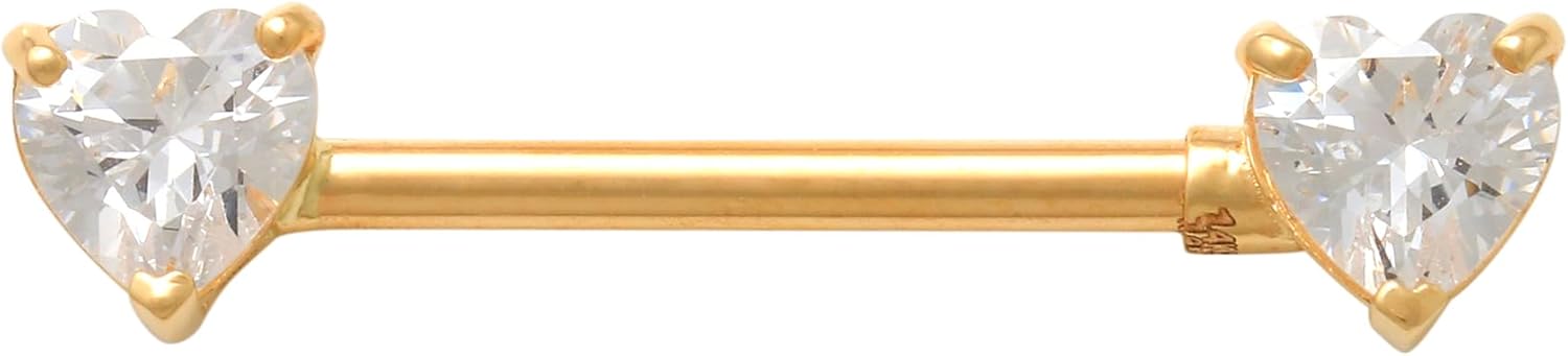 ANYGOKDS 14K Solid Gold Double Heart Cubic Zirconia Straight Barbell Nipple Ring - 14-gauge Body Piercing Jewelry for Women - Romantic Intimate Piercing Gift - Perfect Minimalist Design - Single