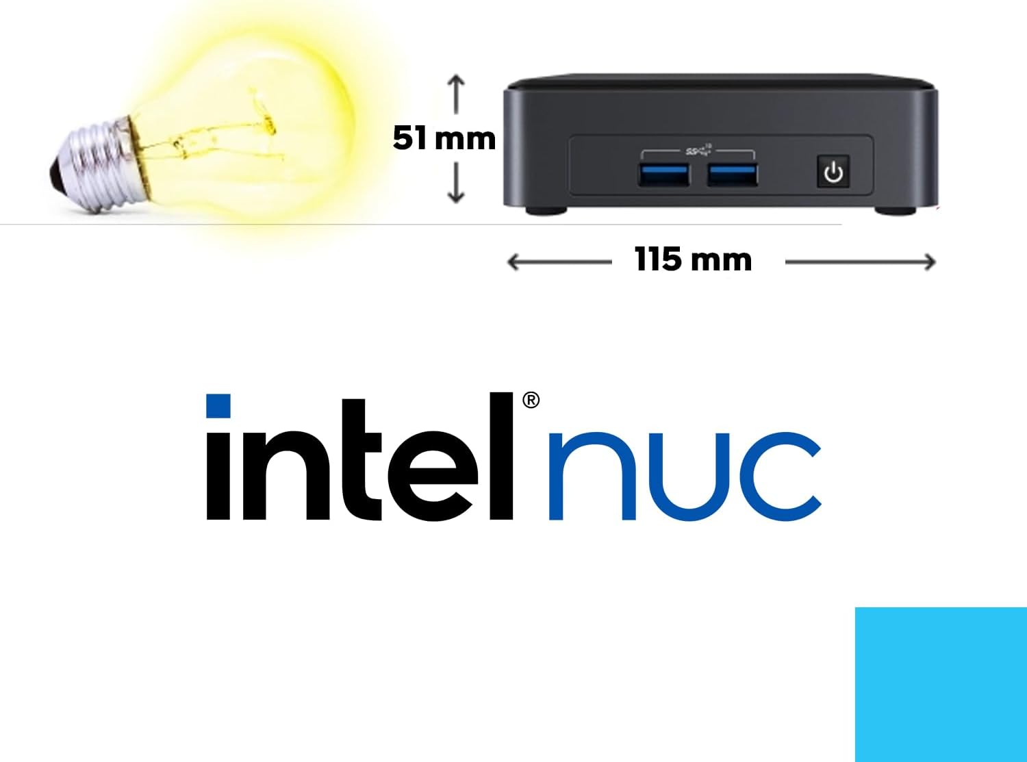 Intel NUC 7 Essential connected to a TV and external speakers, illustrating 7.1 surround sound capability.