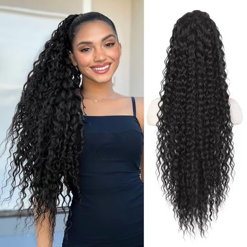 QGZ Black Ponytail Extension Drawstring Ponytail for Black Women 30 Inch Synthetic Long Afro Curly Fluffy Ponytail for Daily Use