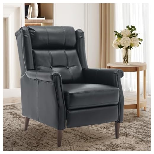 COLAMY Wingback Pushback Recliner Chair, Modern Upholstered Leather Living Room Chair Armchair with Button Tufted Back, Black