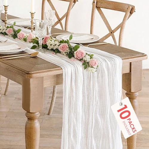 10 Pack White Cheesecloth Table Runner 35x120Inch, 10FT Long Summer