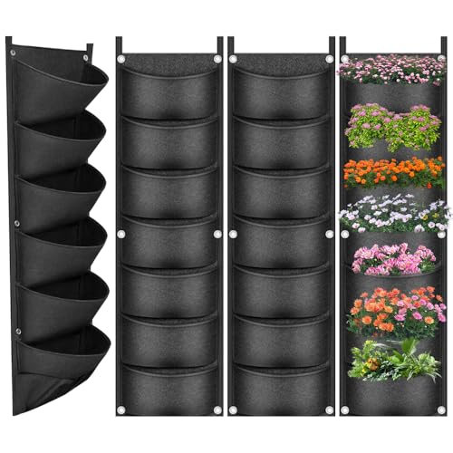 WDKXCN Hanging Planter Bags 4 Pack Living Wall Planter Outdoor with 7 Pocket Single-Row Felt Hanging Grow Bags Vertical Garden for Vegetable Strawberry Flower Yard Garden & Balcony(Black)