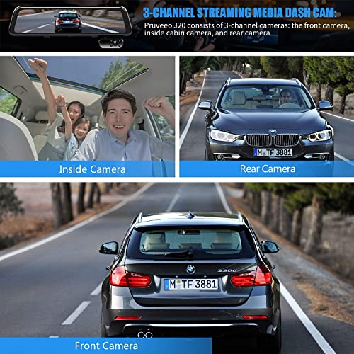 Pruveeo 12'' Triple Mirror Dash Cam, Front Inside And Rear 3 Channel Full Touch Screen Rear View Mirror Backup Camera, Ir Night Vision(Sony Sensor), Gps, Parking Assistance, With 64Gb Card #TOP1