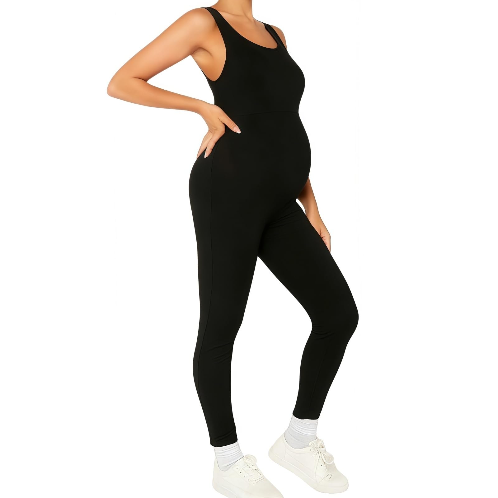 SamHeng Combinaison de maternité sans manches, combinaison de yoga noire sans couture, leggings de grossesse, body à col en U, combinaison de sport pleine longueur, coupe ajustée, tenue décontractée