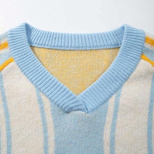 Striped Grandpa Sweater Baggy V Neck Number Graphic Sweater Oversized Color Block Long Sleeve Pullover Unisex2