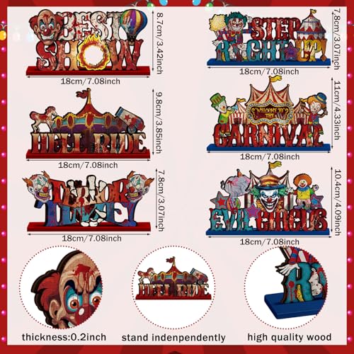 Image of Yuntau 6 Pcs Halloween Carnival Party Decorations Horror Blood Circus Clown Table Centerpiece Scary Carnival Circus Theme Wooden Table Sign for Indoor Horror Evil Halloween Party Decorations Supplies